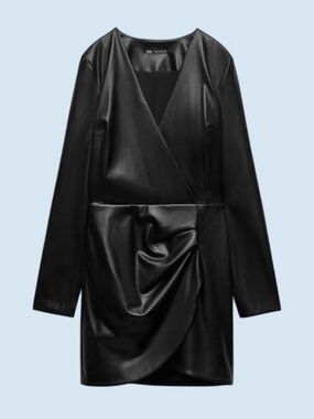 NWT Zara Black Faux-Leather Draped Wrap Mini Dress (L)